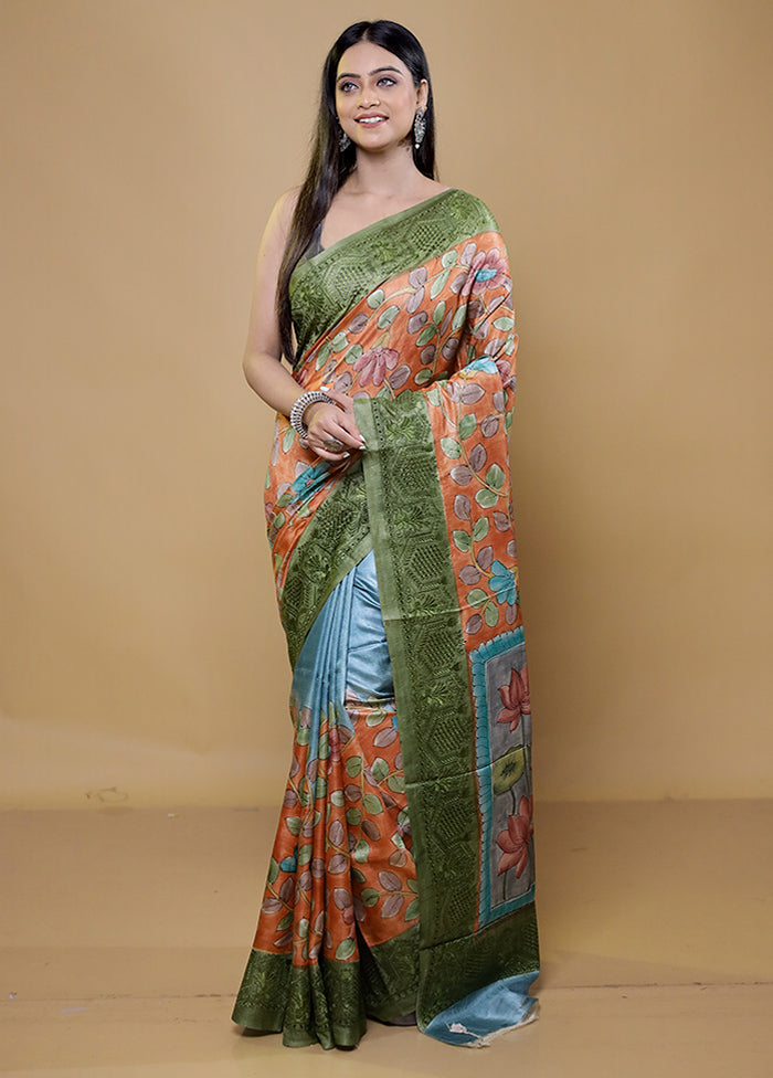 Rust Handloom Tussar Pure Silk Saree With Blouse Piece