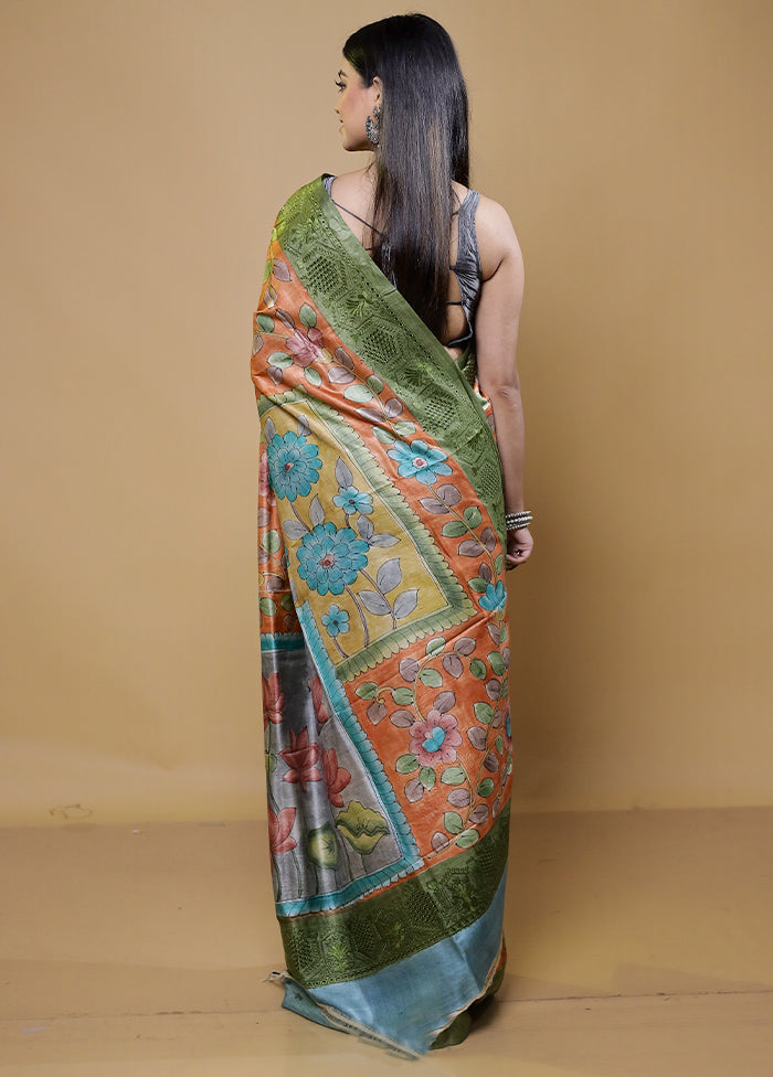 Rust Handloom Tussar Pure Silk Saree With Blouse Piece