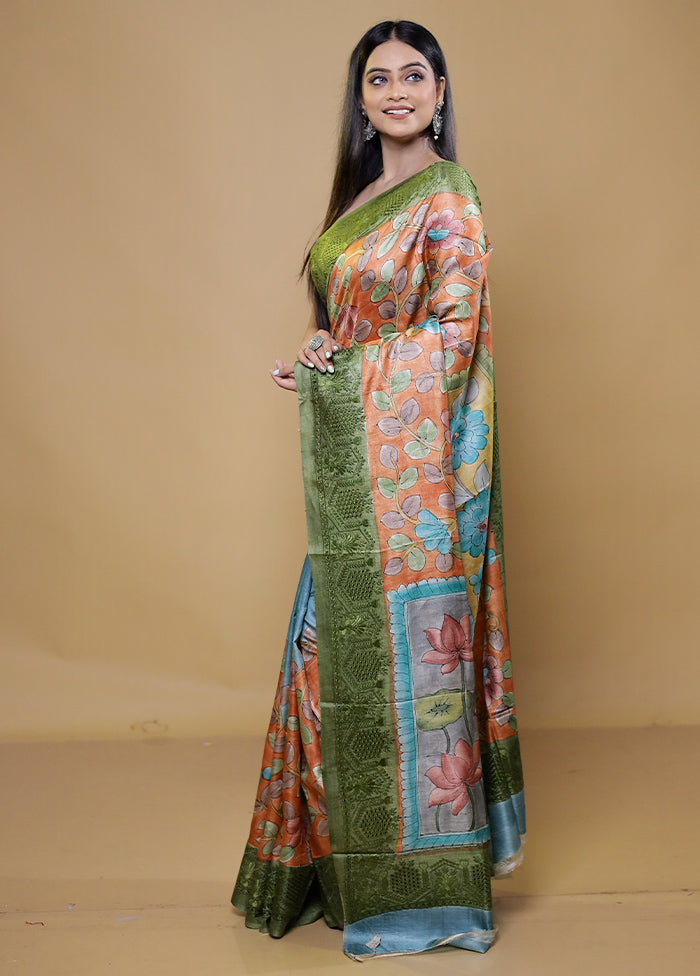 Rust Handloom Tussar Pure Silk Saree With Blouse Piece