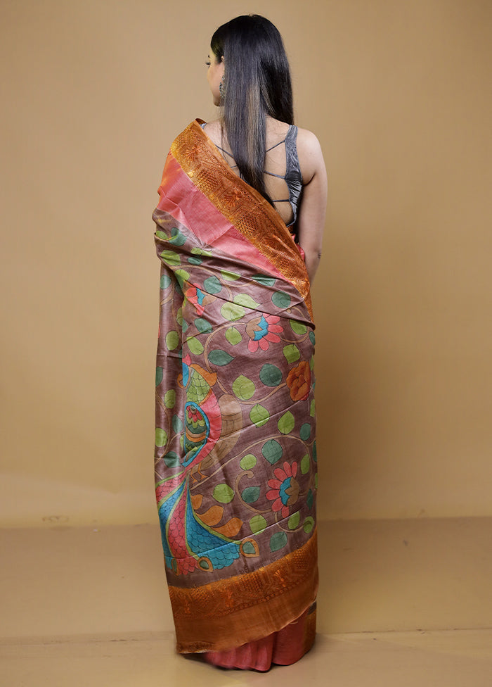 Green Handloom Tussar Pure Silk Saree With Blouse Piece