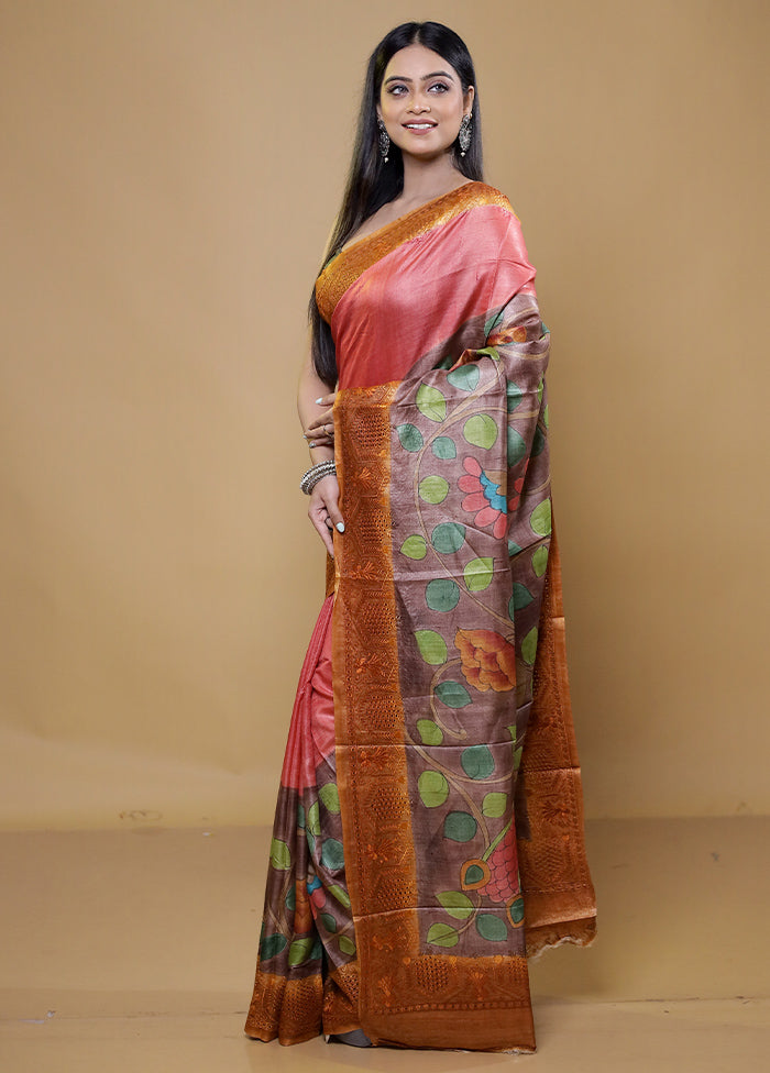 Green Handloom Tussar Pure Silk Saree With Blouse Piece