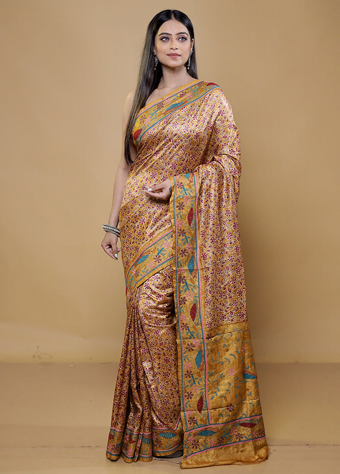 Cream Handloom Tussar Pure Silk Saree With Blouse Piece