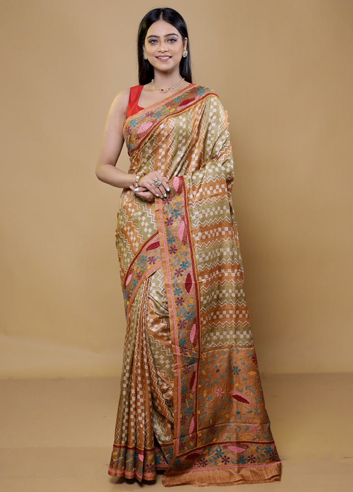 Cream Handloom Tussar Pure Silk Saree With Blouse Piece