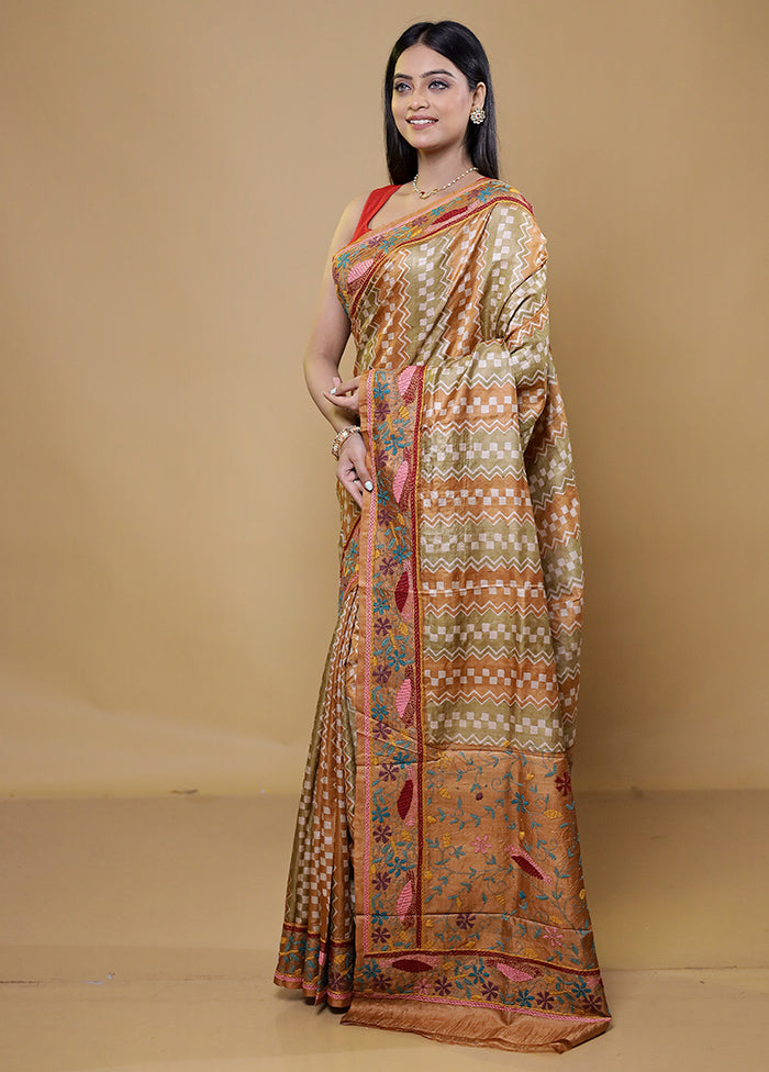 Cream Handloom Tussar Pure Silk Saree With Blouse Piece