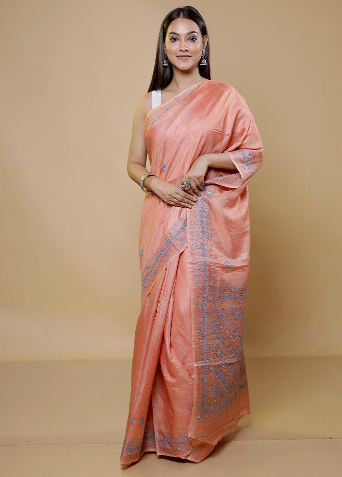 White Handloom Tussar Pure Silk Saree With Blouse Piece