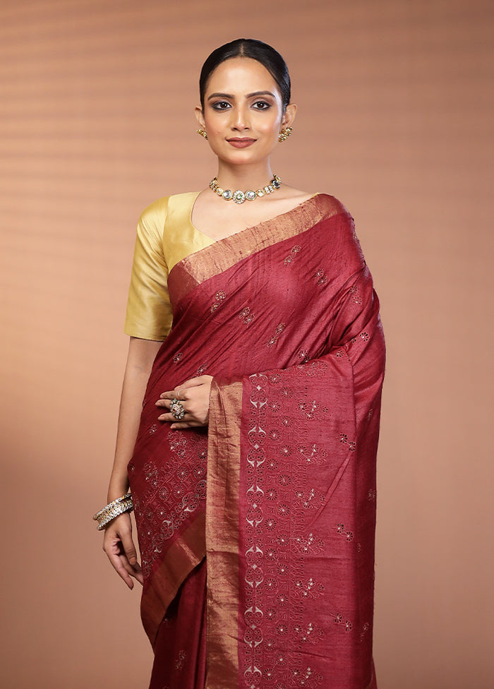 Purple Handloom Tussar Pure Silk Saree With Blouse Piece