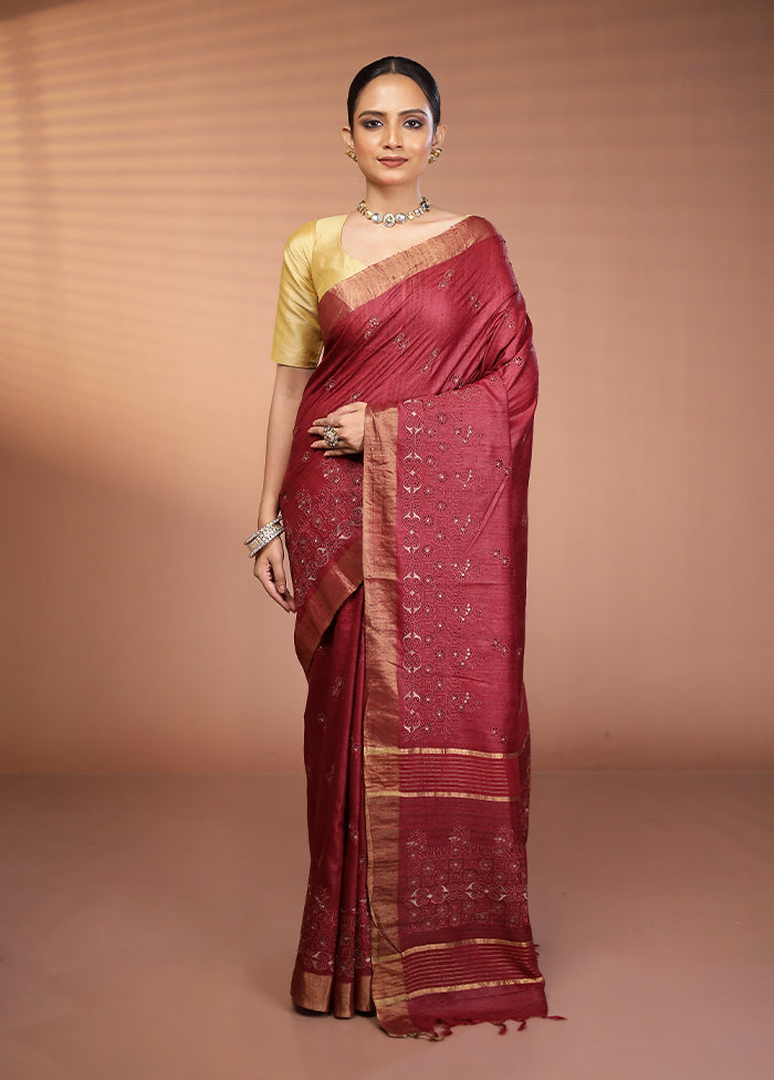 Purple Handloom Tussar Pure Silk Saree With Blouse Piece