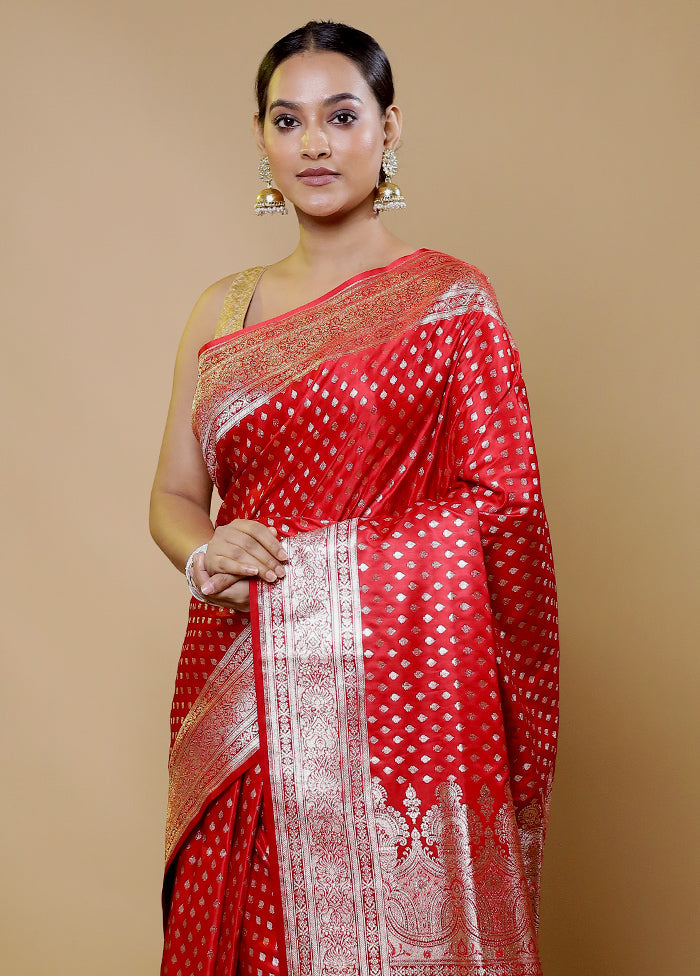 Red Banarasi Silk Saree With Blouse Piece