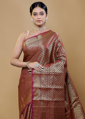 Brown Kora Silk Saree With Blouse Piece