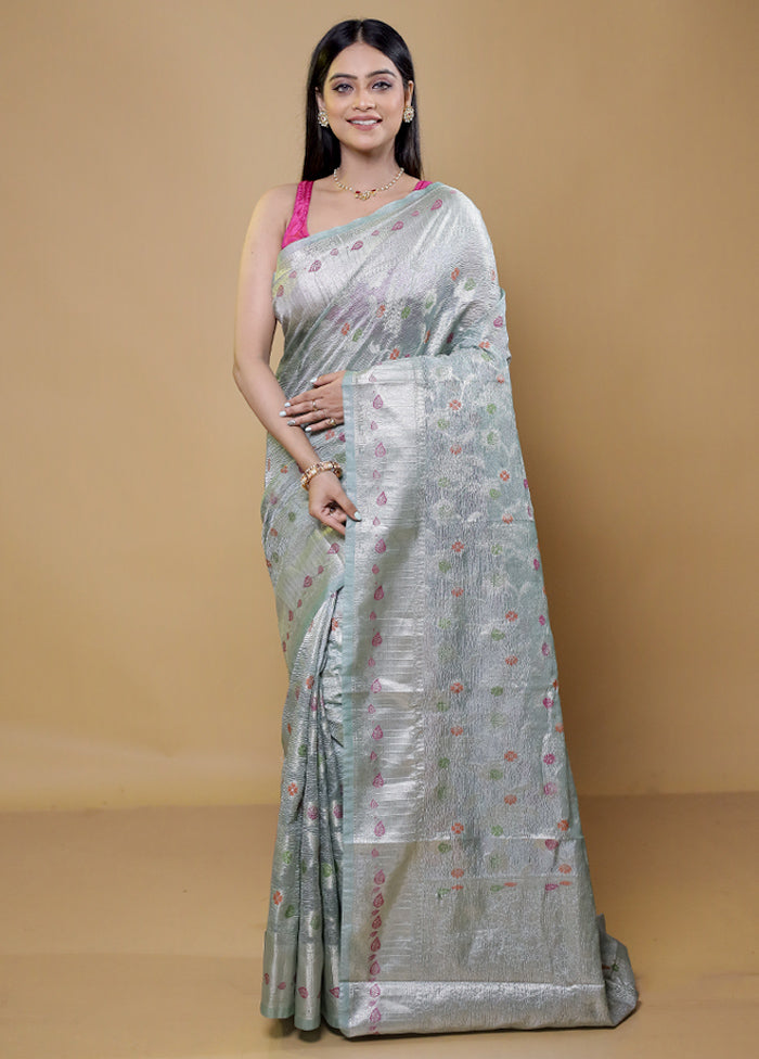 Green Crushed Tissue Silk Saree With Blouse Piece