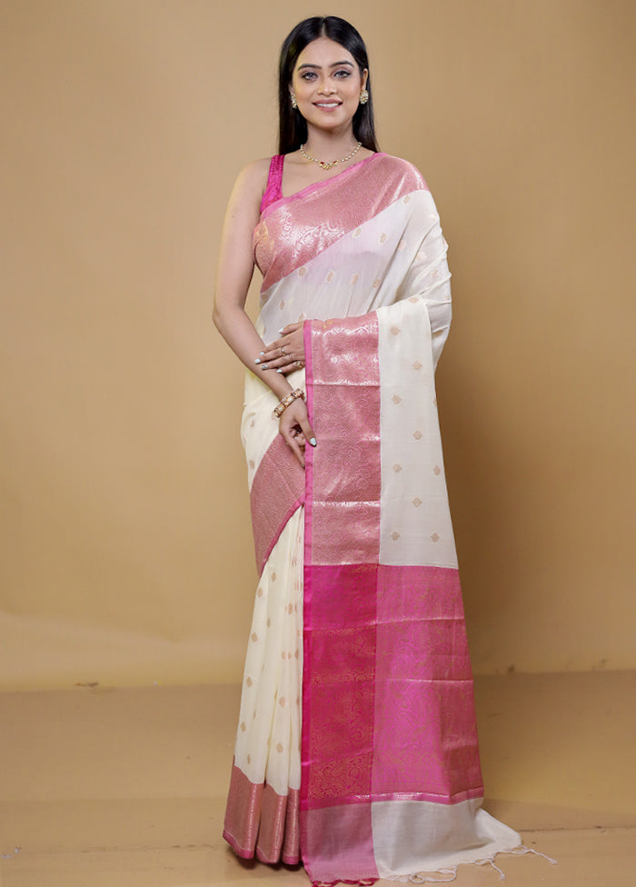 Cream Cotton Saree With Blouse Piece