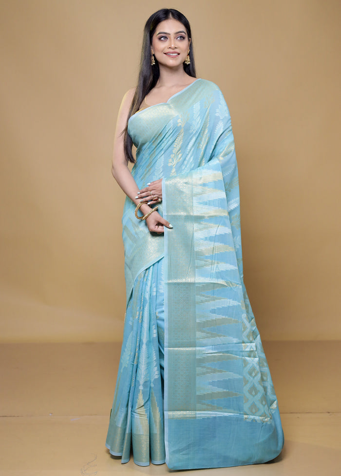 Blue Kora Silk Saree With Blouse Piece