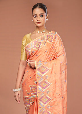 Peach Tussar Pure Silk Saree With Blouse Piece