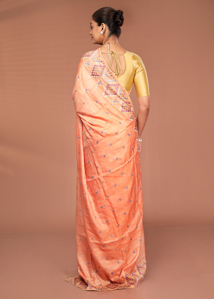 Peach Tussar Pure Silk Saree With Blouse Piece