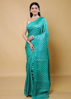 Green Handloom Tussar Pure Silk Saree With Blouse Piece