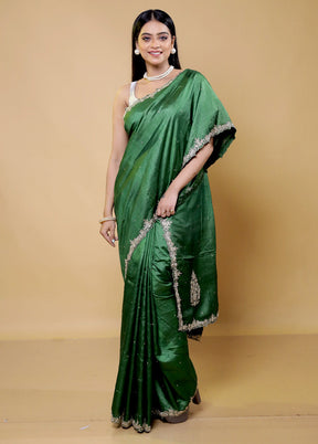 Green Handloom Tussar Pure Silk Saree With Blouse Piece