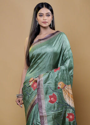 Green Handloom Tussar Pure Silk Saree With Blouse Piece