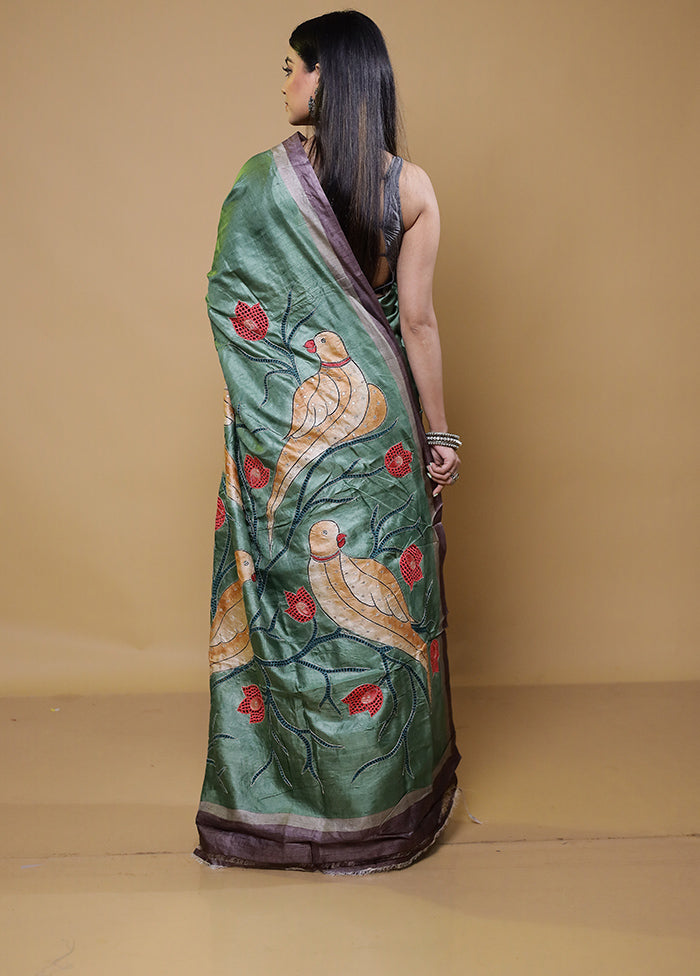 Green Handloom Tussar Pure Silk Saree With Blouse Piece