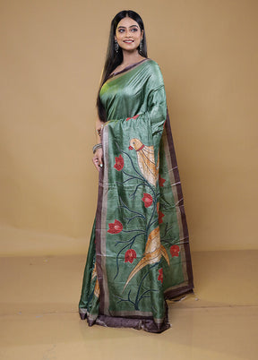 Green Handloom Tussar Pure Silk Saree With Blouse Piece