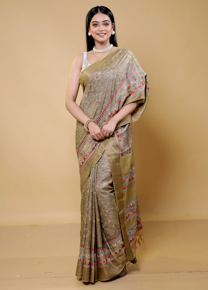 Cream Handloom Tussar Pure Silk Saree With Blouse Piece