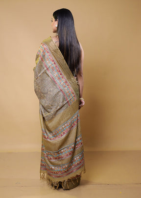 Cream Handloom Tussar Pure Silk Saree With Blouse Piece