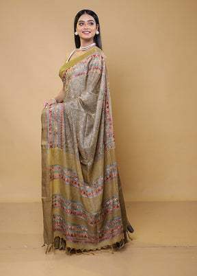 Cream Handloom Tussar Pure Silk Saree With Blouse Piece