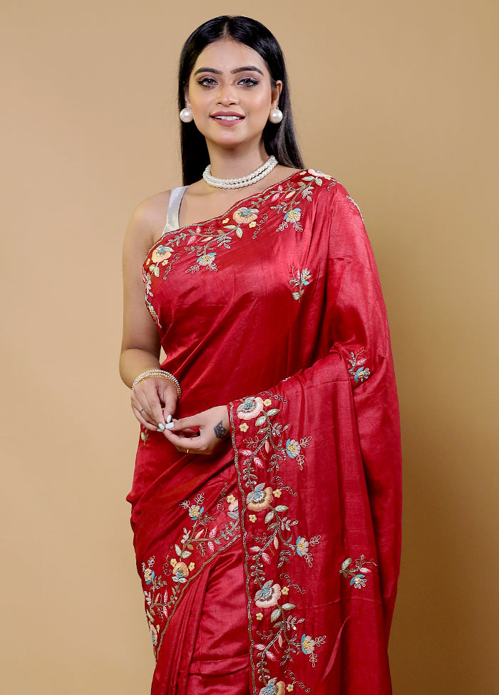 Red Handloom Tussar Pure Silk Saree With Blouse Piece