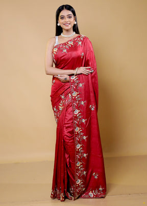 Red Handloom Tussar Pure Silk Saree With Blouse Piece