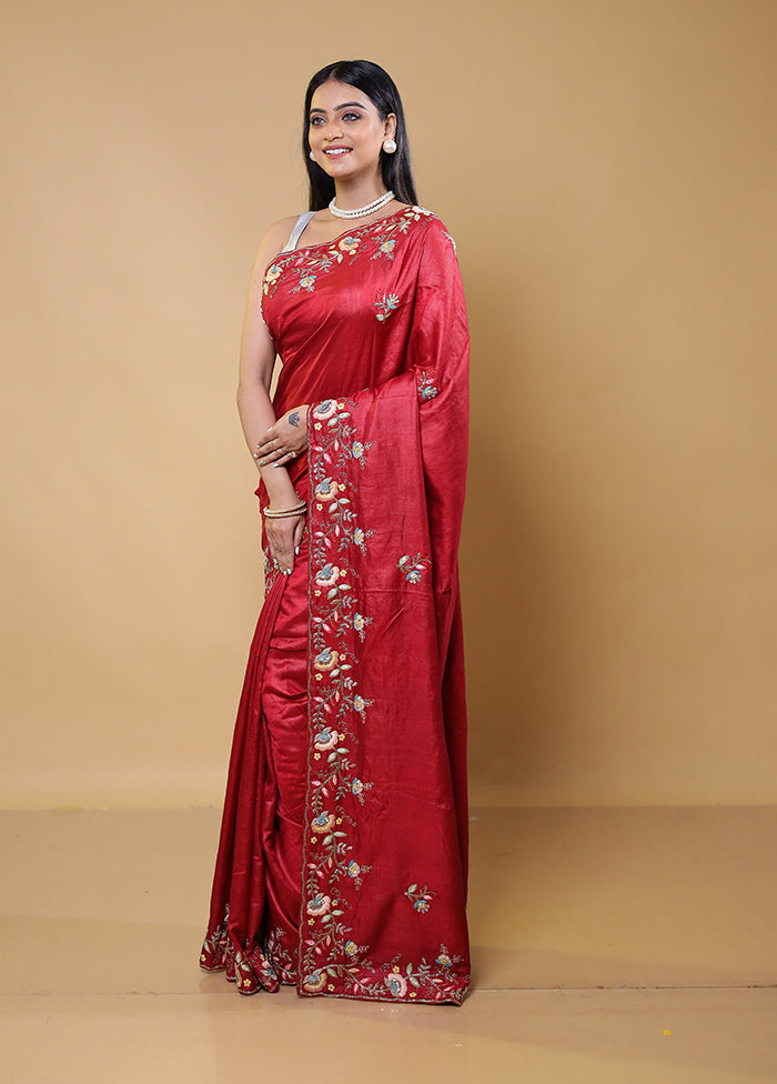 Red Handloom Tussar Pure Silk Saree With Blouse Piece