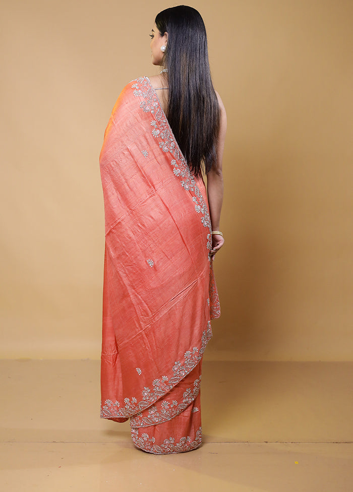 Rust Handloom Tussar Pure Silk Saree With Blouse Piece