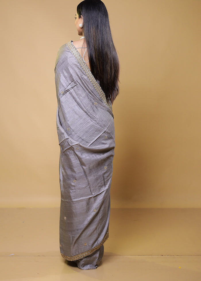 Grey Handloom Tussar Pure Silk Saree With Blouse Piece