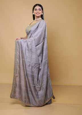 Grey Handloom Tussar Pure Silk Saree With Blouse Piece