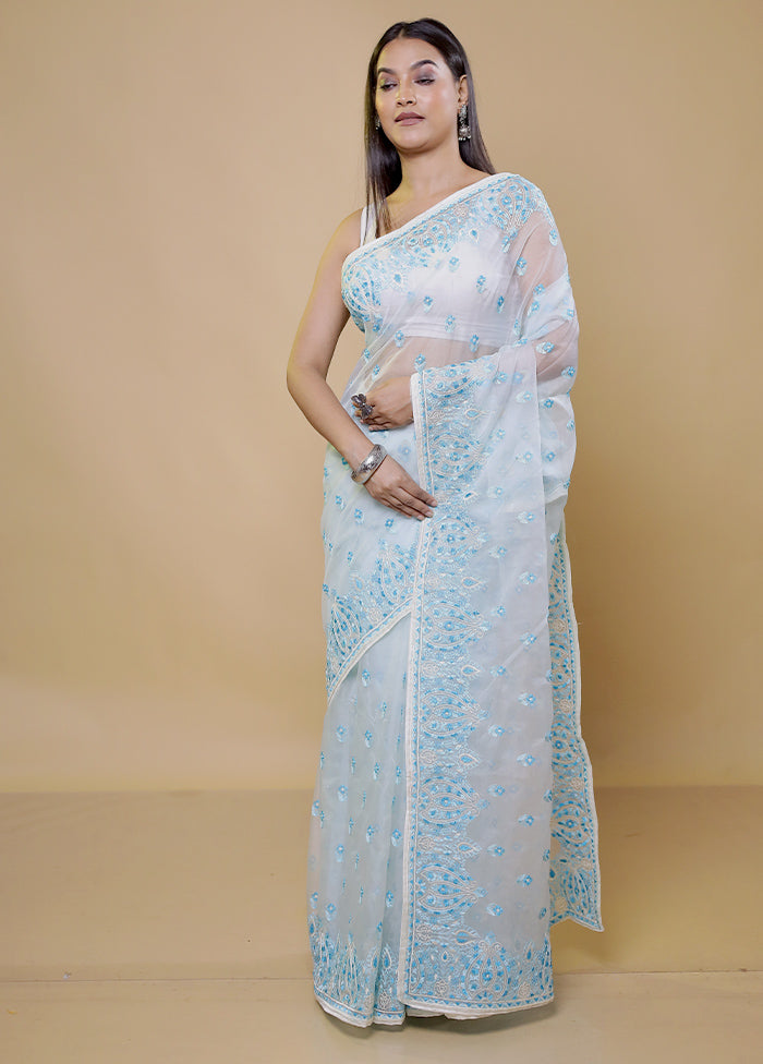 Blue Organza Saree With Blouse Piece