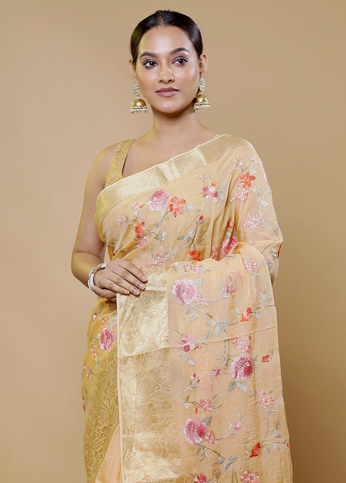 Cream Organza Saree With Blouse Piece