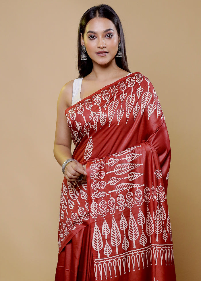 Maroon Printed Silk Saree Without Blouse Piece