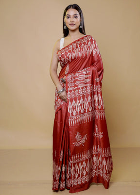 Maroon Printed Silk Saree Without Blouse Piece