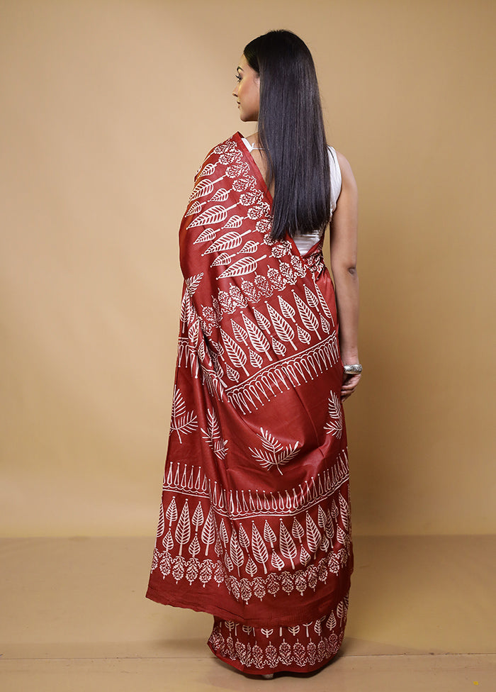 Maroon Printed Silk Saree Without Blouse Piece