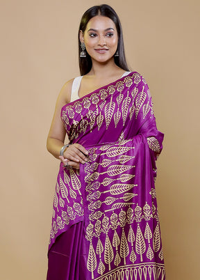 Purple Printed Silk Saree Without Blouse Piece