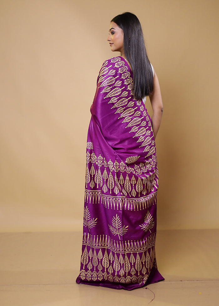 Purple Printed Silk Saree Without Blouse Piece