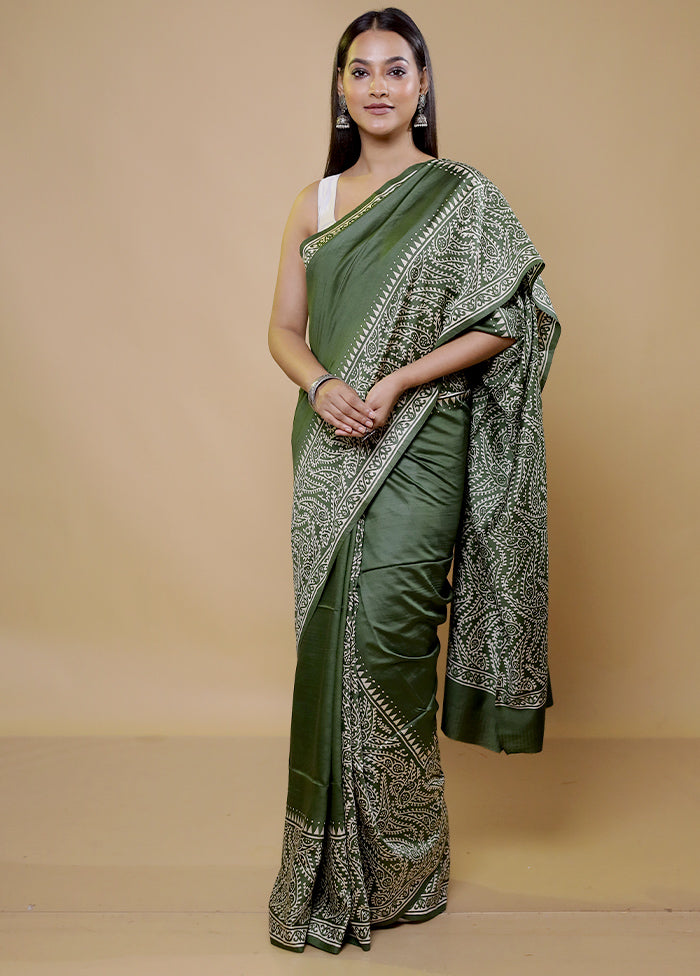 Green Printed Silk Saree Without Blouse Piece