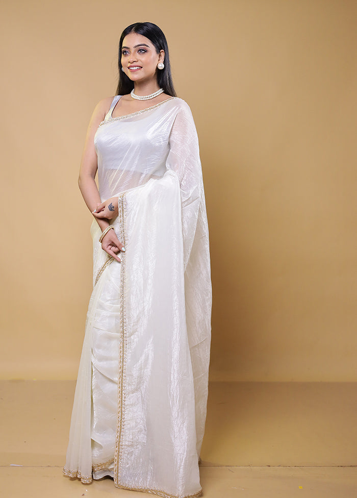 White Crushed Tissue Silk Saree With Blouse Piece