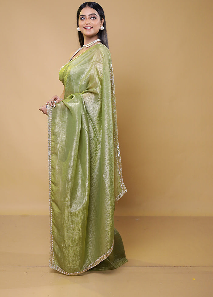 Green Crushed Tissue Silk Saree With Blouse Piece