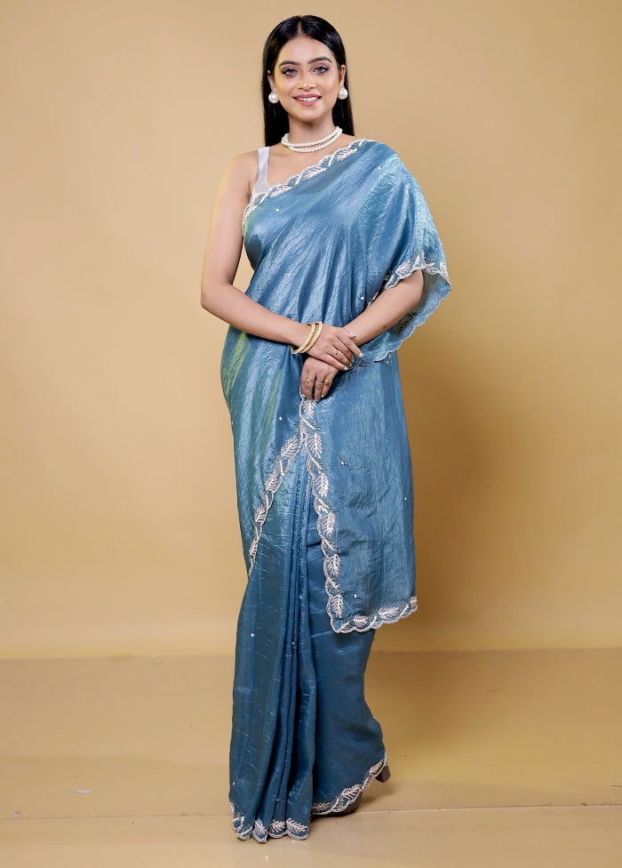 Blue Crushed Tissue Silk Saree With Blouse Piece