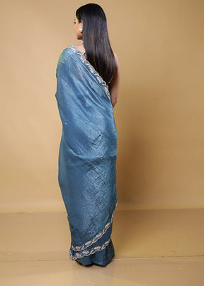 Blue Crushed Tissue Silk Saree With Blouse Piece