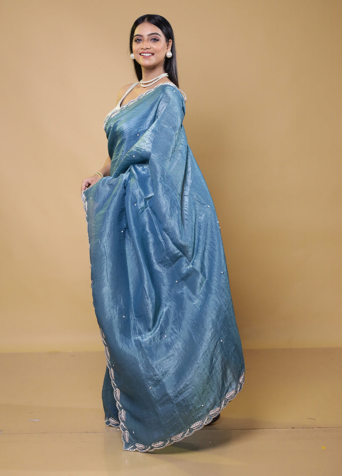 Blue Crushed Tissue Silk Saree With Blouse Piece