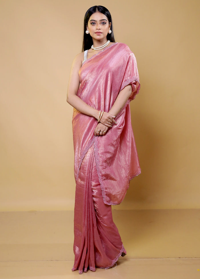 Pink Crushed Tissue Silk Saree With Blouse Piece