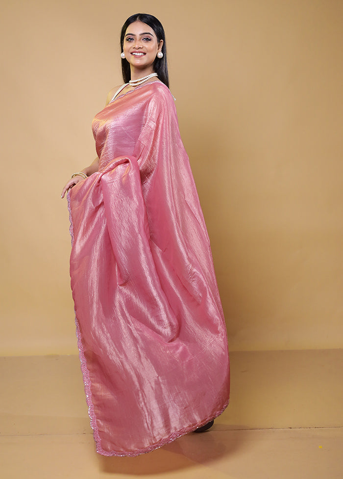 Pink Crushed Tissue Silk Saree With Blouse Piece