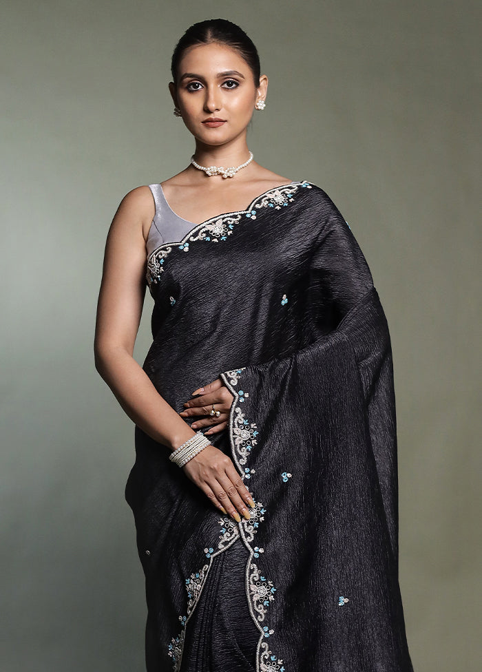 Black Pure Handloom Crushed Tissue Silk Saree With Blouse Piece