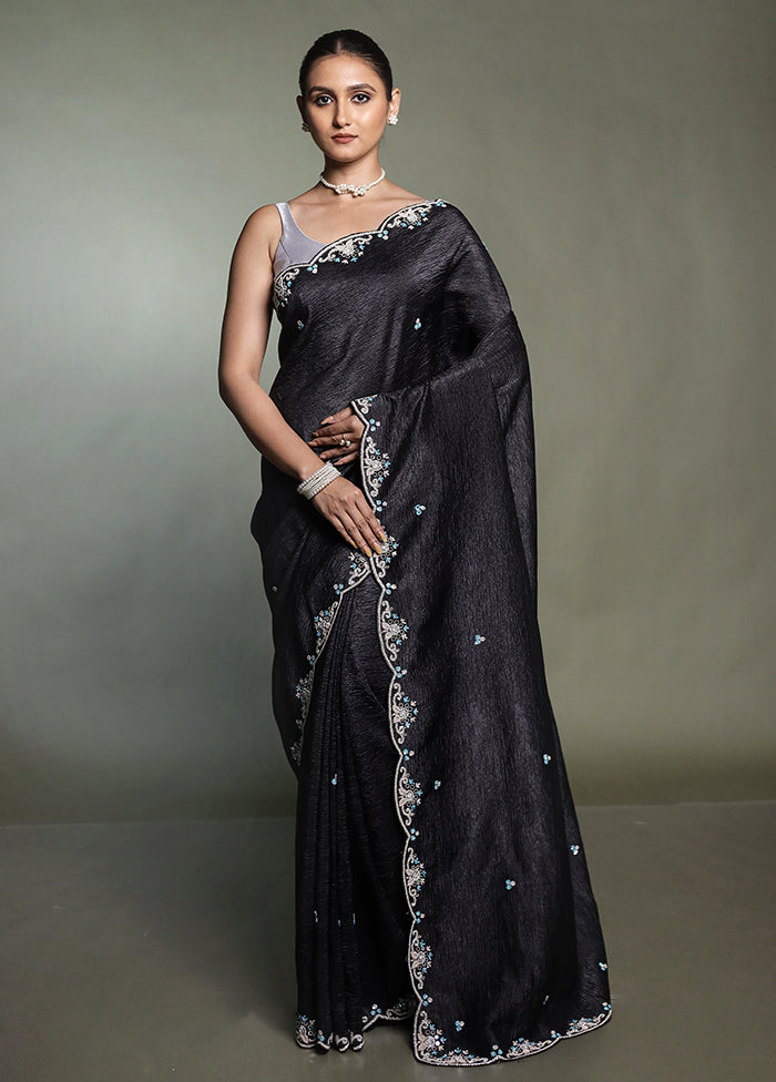 Black Pure Handloom Crushed Tissue Silk Saree With Blouse Piece