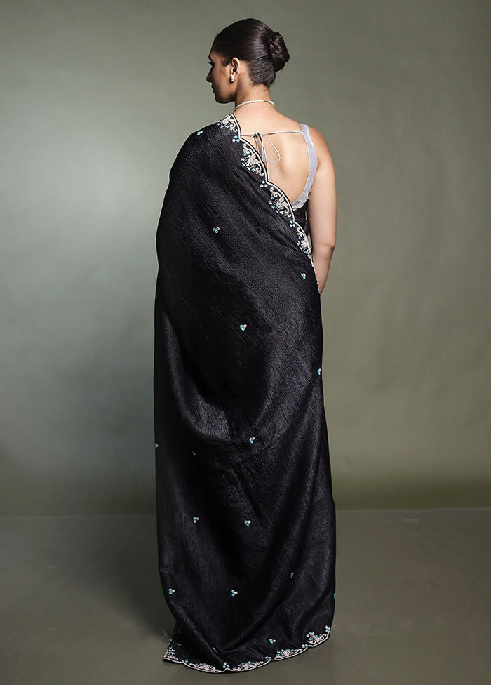 Black Pure Handloom Crushed Tissue Silk Saree With Blouse Piece